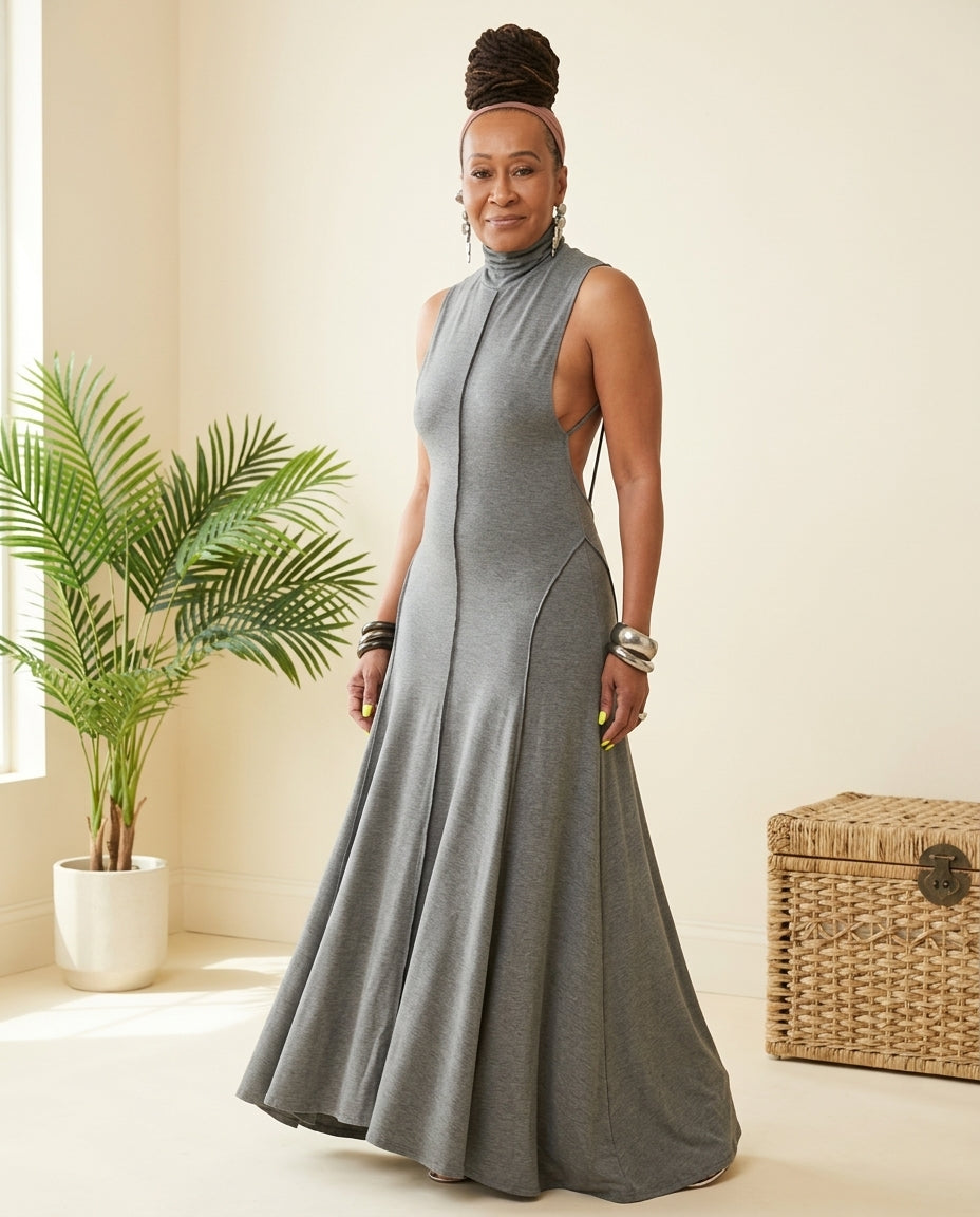 Grey Muse Summer Maxi Dress Grey Maxi Dress with Asymmetric silhouette and Ribbed Knit texture, front view product image for Vacation Evening, a Palm Springs weekend, US Coastal Glam by Massicos