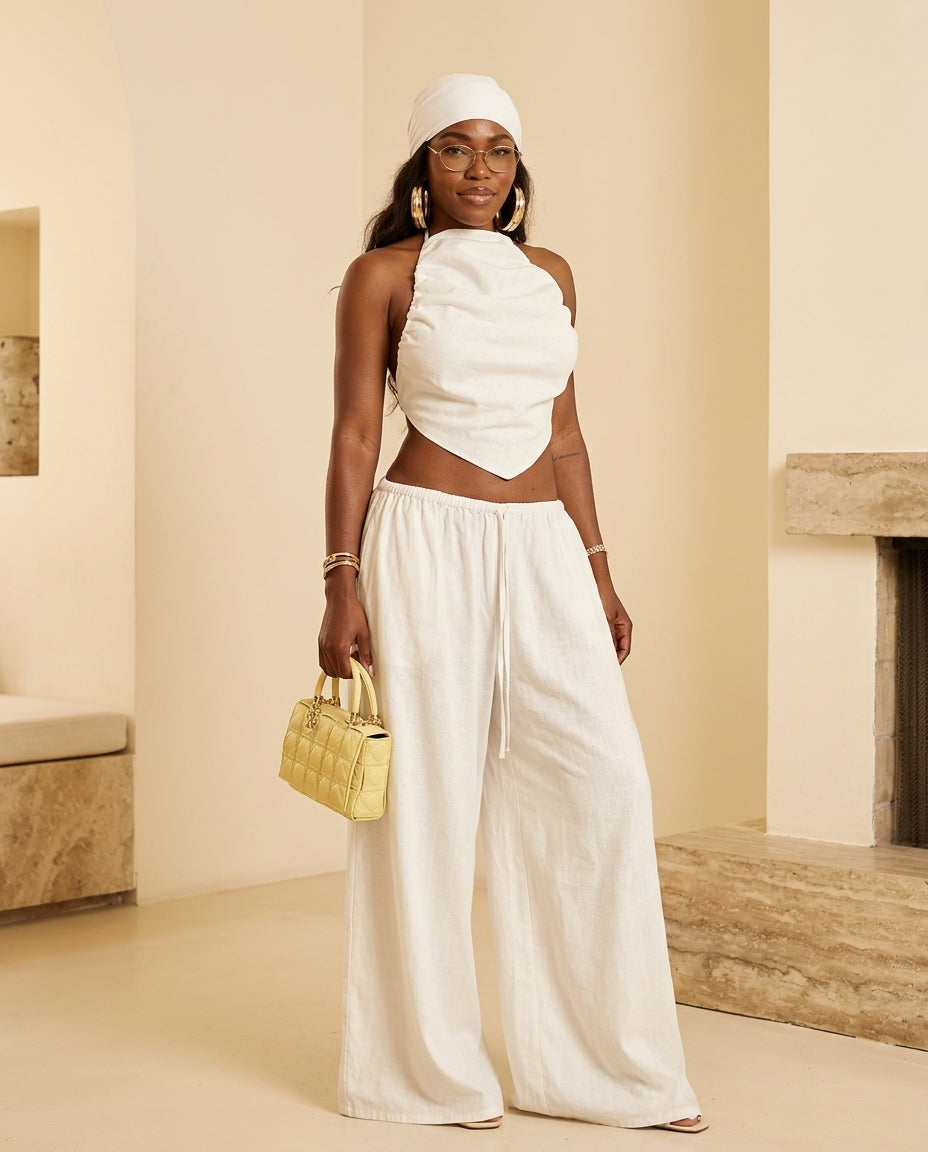 Ivory Whisper Summer Two-Piece Set Ivory Two-Piece Set with Asymmetric silhouette and Textured texture, front view product image for Summer Getaway, Sunset in Malibu, US Coastal Glam by Massicos