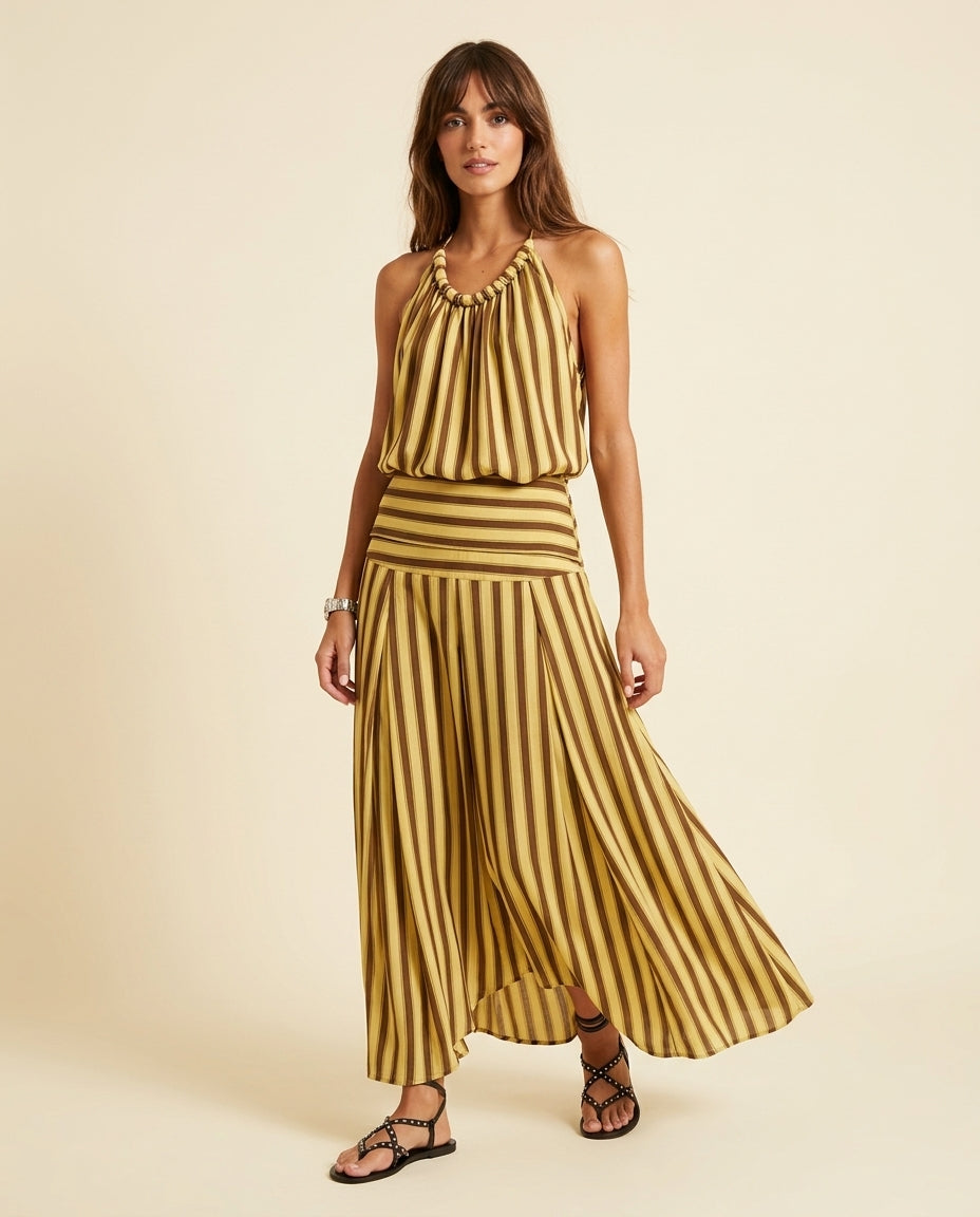 Butter Yellow Charm Resort Striped Romper Butter Yellow Romper with Relaxed Fit silhouette and Textured texture, front view product image for Resort Wear, an estate dinner at golden hour, US East / Hamptons Elite by Massicos