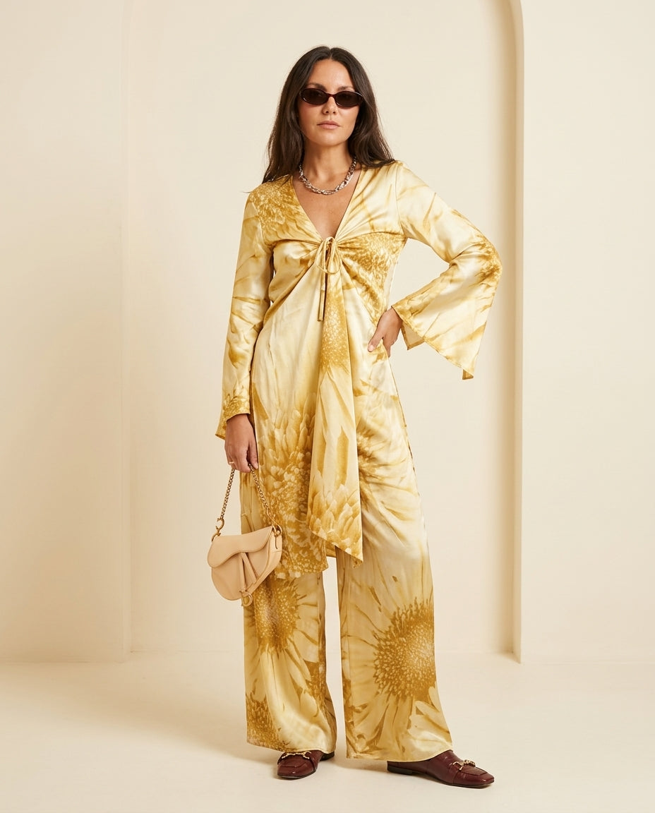 Light Yellow Charm Resort Floral Pant Set Light Yellow Pant Set with Wide-Leg silhouette and Satin texture, front view product image for Resort Wear, Evening in Amalfi, Euro Chic Premium by Massicos