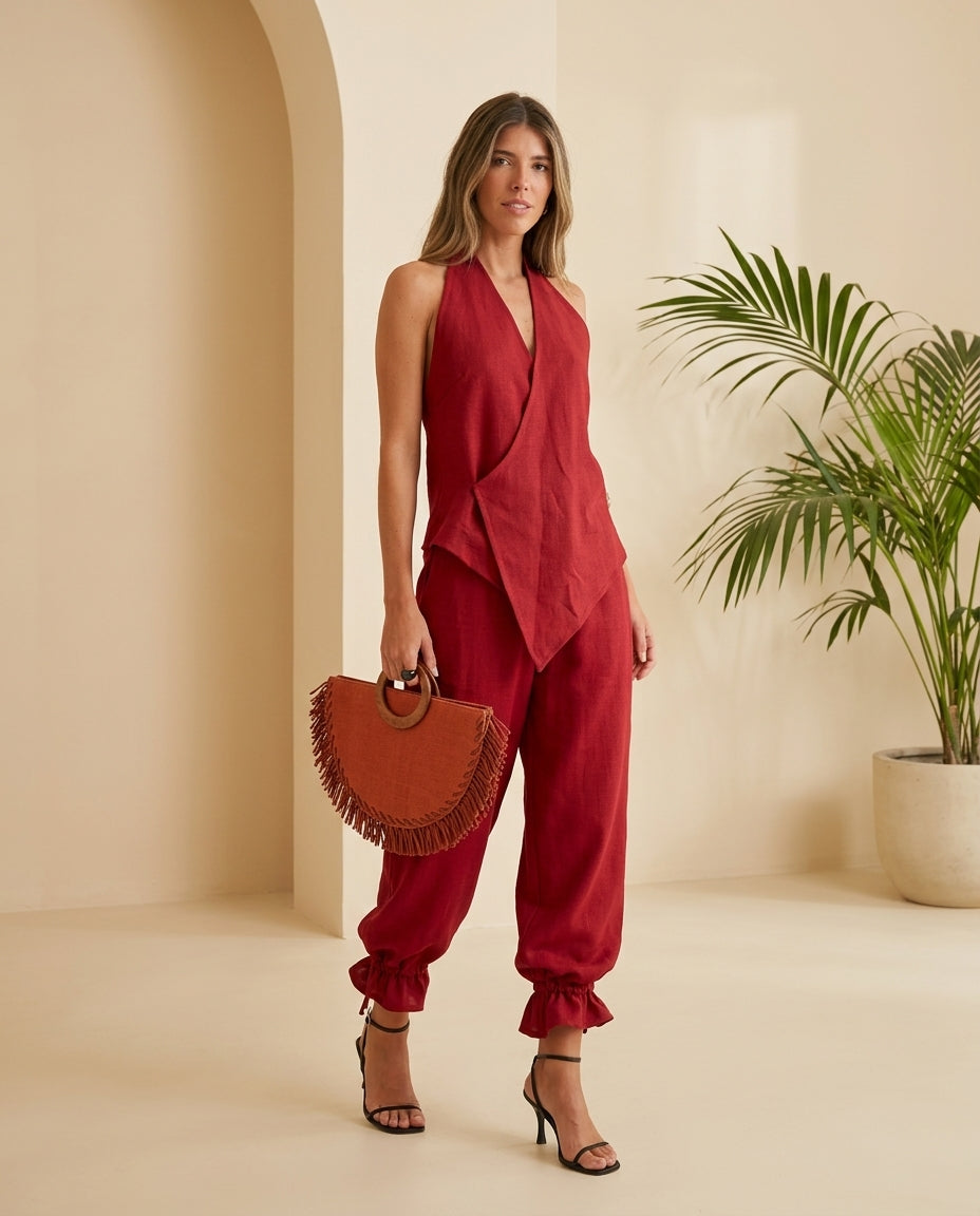 Red Charm Resort Ruffled Pant Set Red Pant Set with Relaxed Fit silhouette and Linen Blend texture, front view product image for Resort Wear, a polished coastal brunch, US East / Hamptons Elite by Massicos