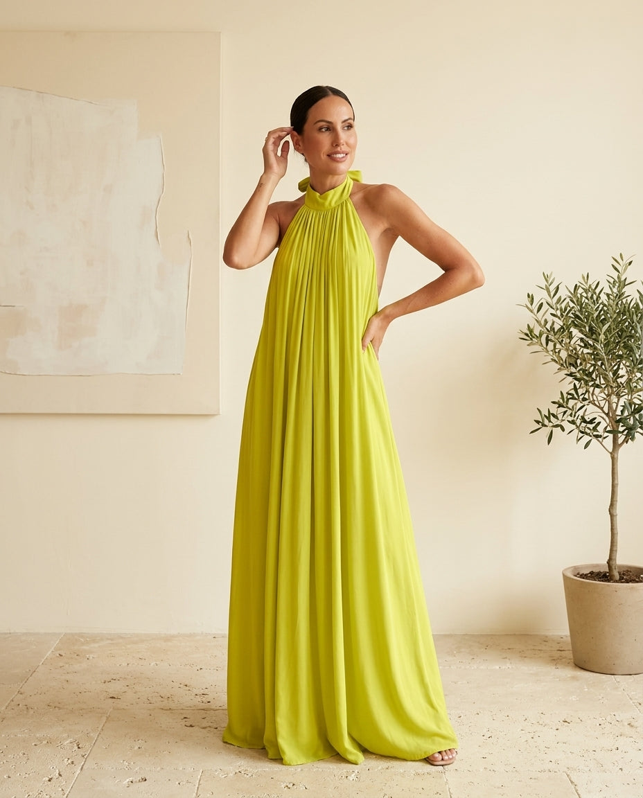 Lime Lustre Resort Printed Maxi Dress Lime Maxi Dress with Asymmetric silhouette and Textured texture, front view product image for Resort Wear, a Palm Springs weekend, US Coastal Glam by Massicos