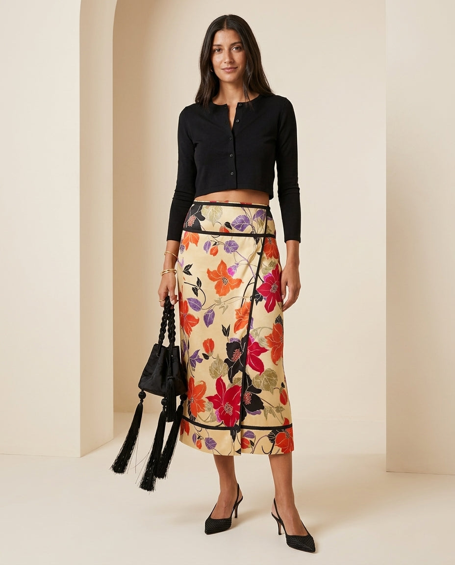 Black Whisper Summer Floral Two-Piece Set Black Two-Piece Set with Asymmetric silhouette and Textured texture, front view product image for Beach Dinner, Coffee in Marais, Euro Chic Premium by Massicos