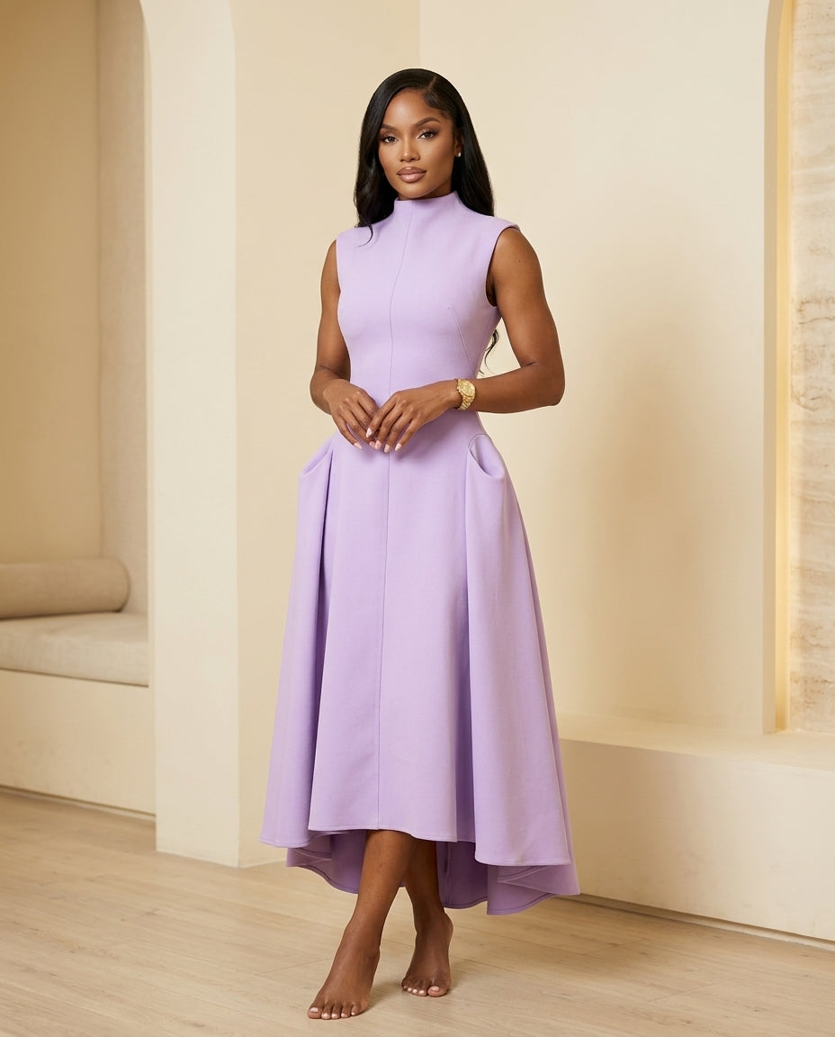 Lavender Gleam Summer Maxi Dress Lavender Maxi Dress with Asymmetric silhouette and Ribbed Knit texture, front view product image for Resort Dinner, Evening in Amalfi, Euro Chic Premium by Massicos