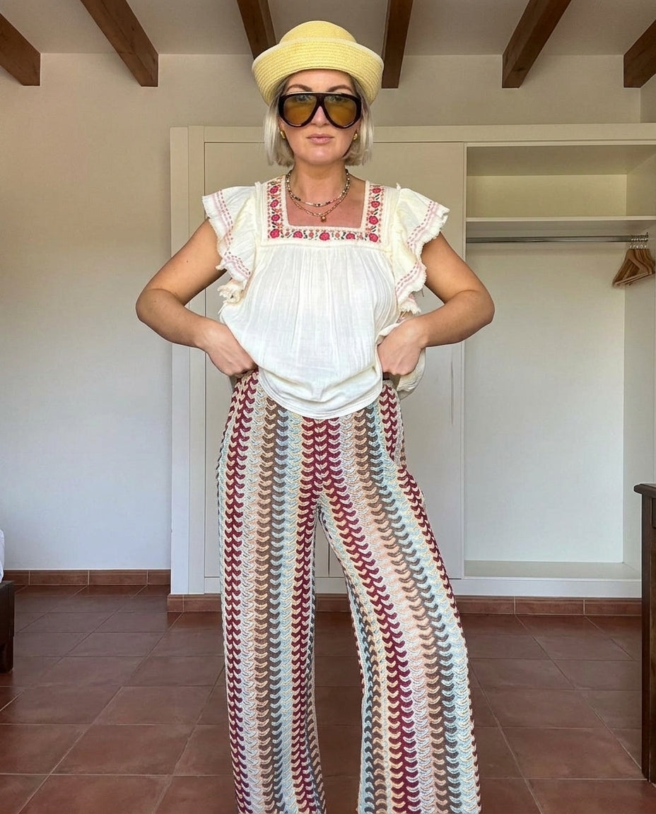 Ivory Bloom Summer Embroidered Two-Piece Set Ivory Two-Piece Set with Asymmetric silhouette and Textured texture, front view product image for Weekend Escape, Brunch in SoHo, US Coastal Glam by Massicos