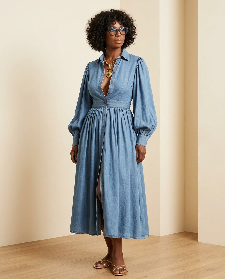 Denim Velvet Summer Maxi Dress Denim Maxi Dress with Relaxed Fit silhouette and Textured texture, front view product image for Rooftop Brunch, Sunset in Malibu, US Coastal Glam by Massicos