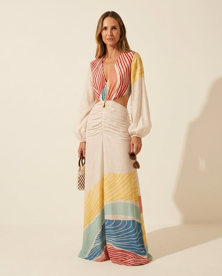 Ivory Muse Resort Abstract Print Romper Ivory Romper with Relaxed Fit silhouette and Linen Blend texture, front view product image for Resort Wear, a gallery opening in Paris, Euro Chic Premium by Massicos