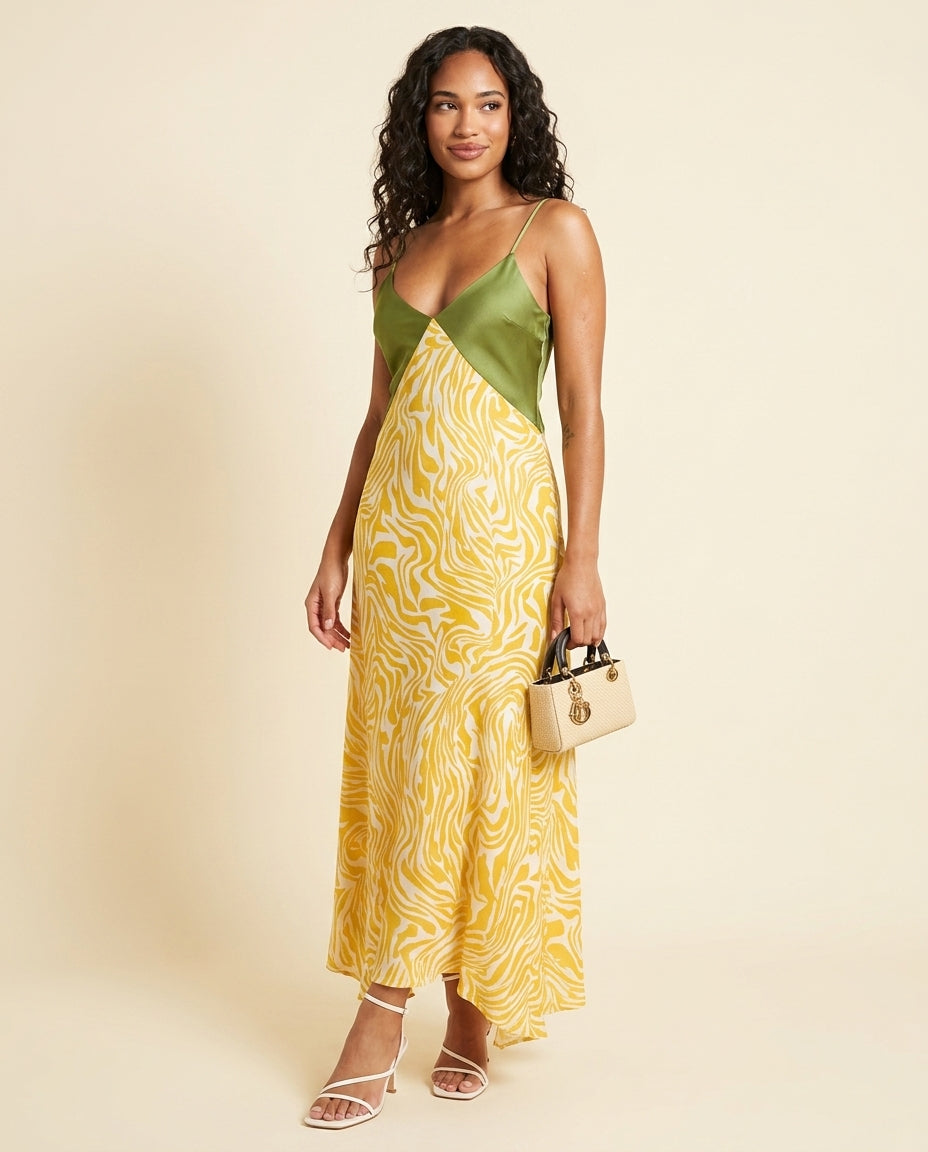 Butter Yellow Glow Summer Printed Maxi Dress Butter Yellow Maxi Dress with Asymmetric silhouette and Textured texture, front view product image for Wedding Guest, Brunch in SoHo, US Coastal Glam by Massicos
