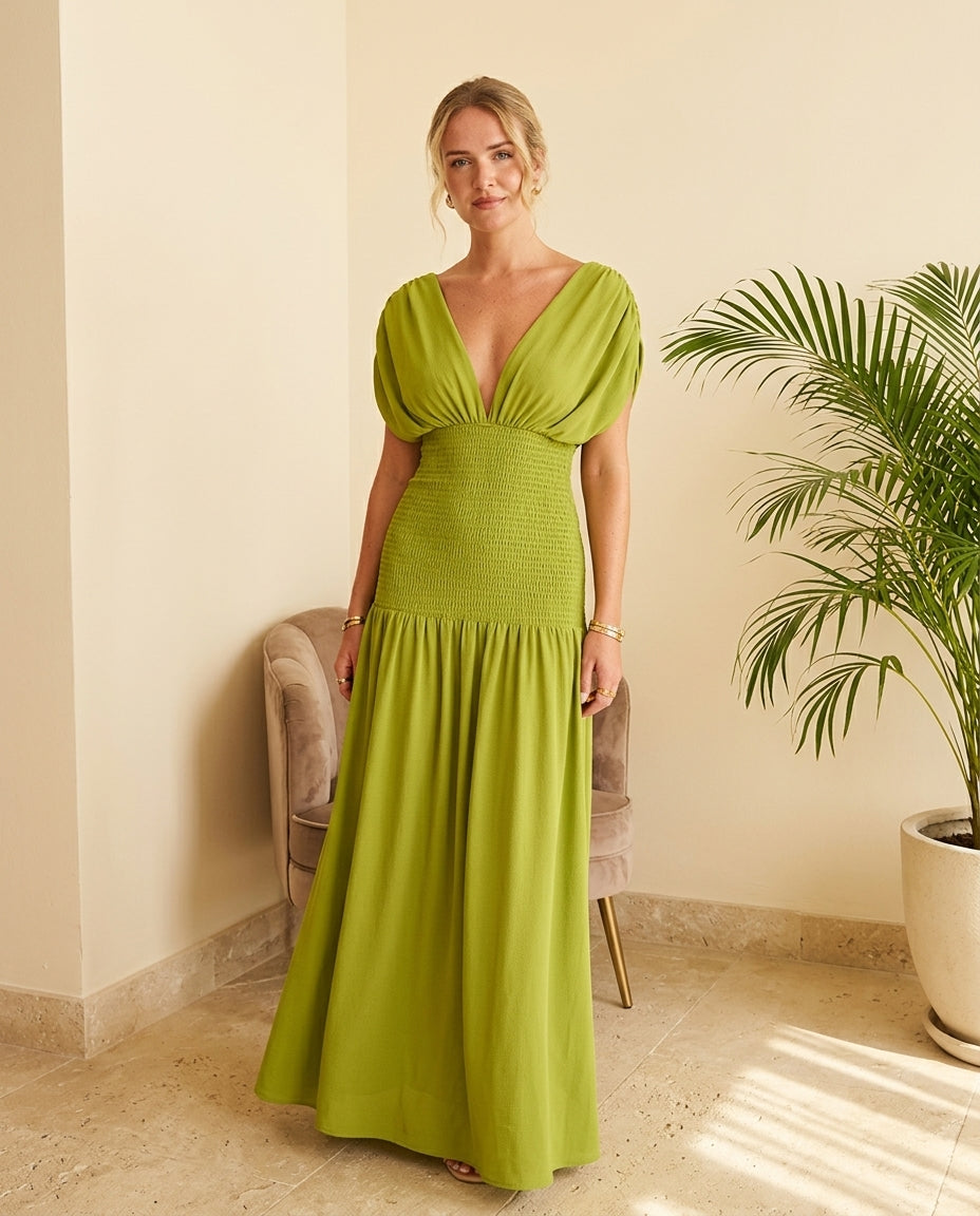 Sage Allure Summer Smocked Romper Sage Romper with Relaxed Fit silhouette and Textured texture, front view product image for Wedding Guest, a gallery opening in Paris, Euro Chic Premium by Massicos