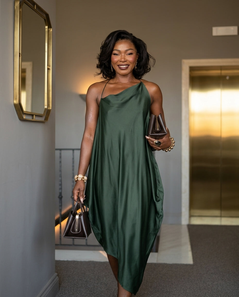 Dark Green Velvet Resort Satin Maxi Dress Dark Green Maxi Dress with Asymmetric silhouette and Satin texture, front view product image for Resort Wear, a gallery opening in Paris, Euro Chic Premium by Massicos