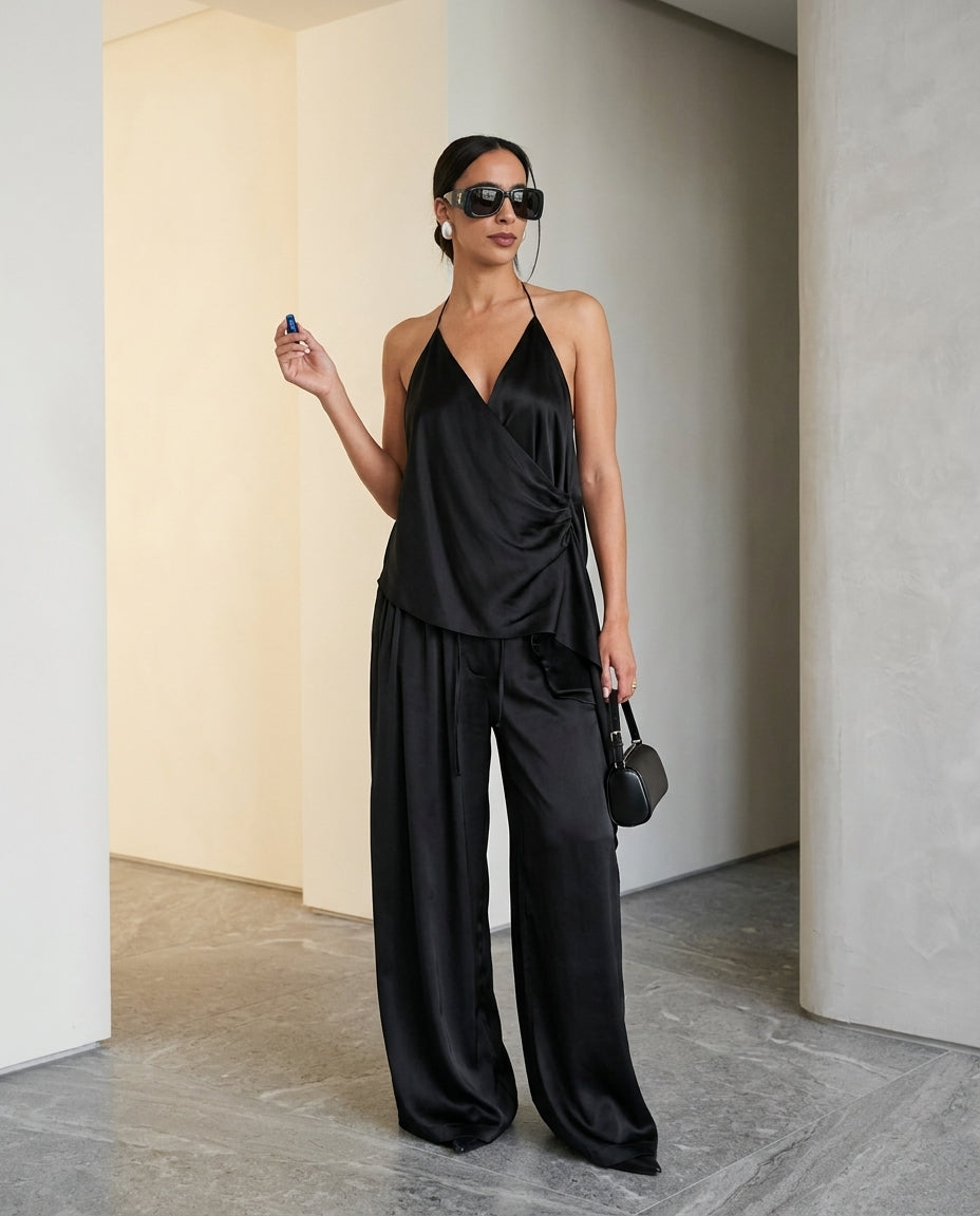 Black Velvet Evening Satin Pant Set Black Pant Set with Asymmetric silhouette and Satin texture, front view product image for Resort Wear, Brunch in SoHo, US Coastal Glam by Massicos