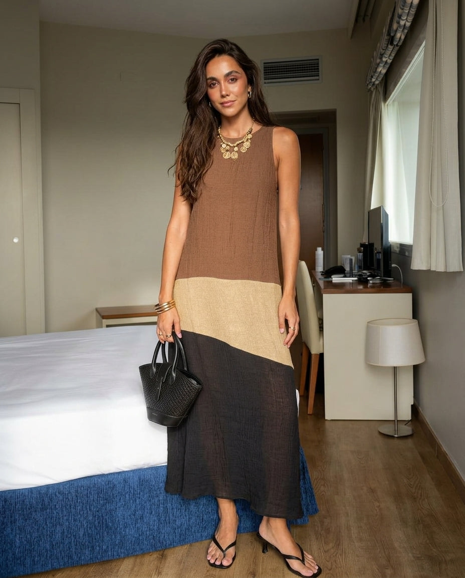 Brown Charm Resort Textured Maxi Dress Brown Maxi Dress with Asymmetric silhouette and Textured texture, front view product image for Resort Wear, an estate dinner at golden hour, US East / Hamptons Elite by Massicos
