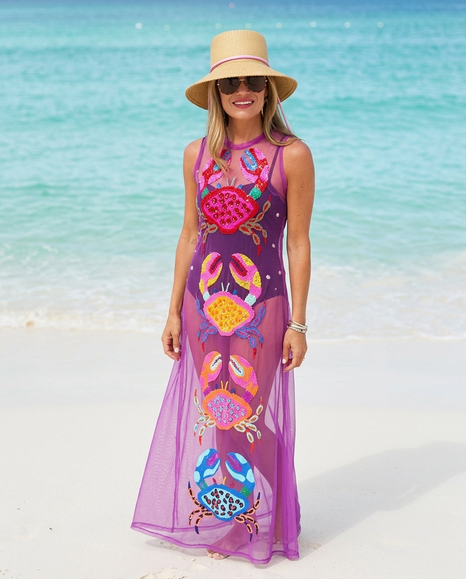Lilac Poise Resort Embroidered Maxi Dress Lilac Maxi Dress with Asymmetric silhouette and Textured texture, front view product image for Resort Wear, Sunset in Malibu, US Coastal Glam by Massicos