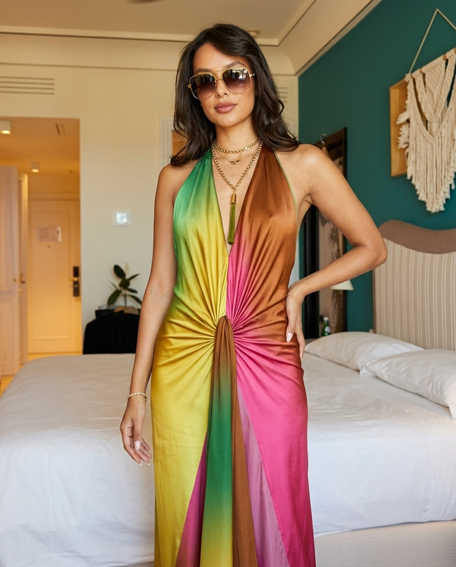 Pink Velvet Summer Halter Maxi Dress Pink Maxi Dress with Relaxed Fit silhouette and Textured texture, front view product image for Resort Dinner, Sunset in Malibu, US Coastal Glam by Massicos