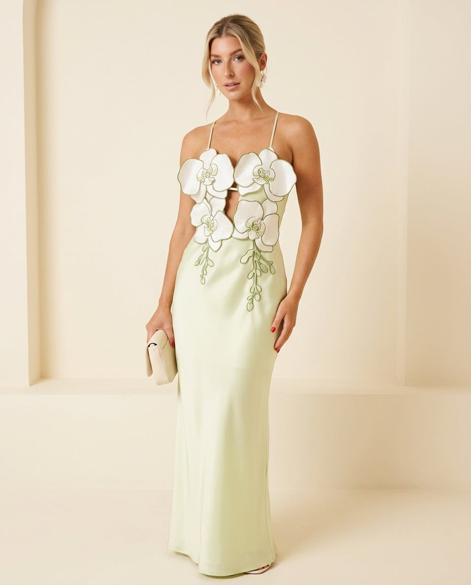 Light Green Allure Evening Floral Maxi Dress Light Green Maxi Dress with Relaxed Fit silhouette and Textured texture, front view product image for Date Night, a rooftop dinner in LA, US Coastal Glam by Massicos
