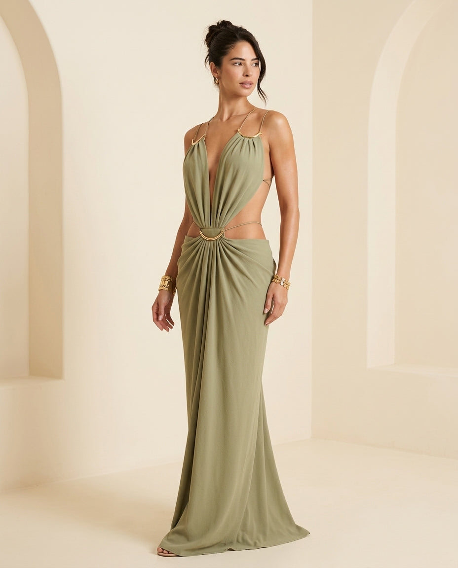 Olive Muse Evening Maxi Dress Olive Maxi Dress with Asymmetric silhouette and Textured texture, front view product image for Date Night, a private garden lunch, US East / Hamptons Elite by Massicos