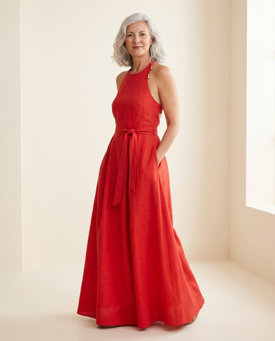 Red Velvet Resort Linen Maxi Dress Red Maxi Dress with Relaxed Fit silhouette and Linen Blend texture, front view product image for Resort Wear, Sunset in Malibu, US Coastal Glam by Massicos