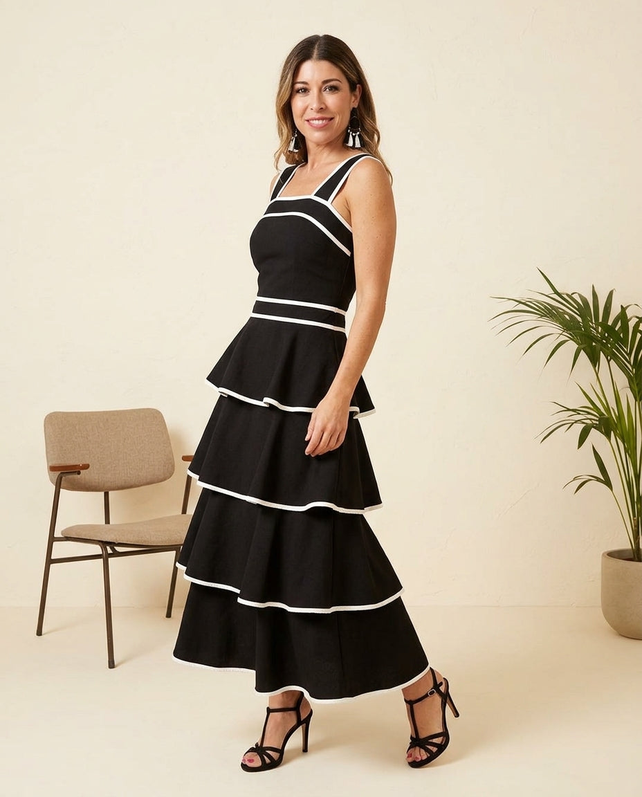 Black Aura Resort Tiered Romper Black Romper with Structured silhouette and Textured texture, front view product image for Resort Wear, a Palm Springs weekend, US Coastal Glam by Massicos