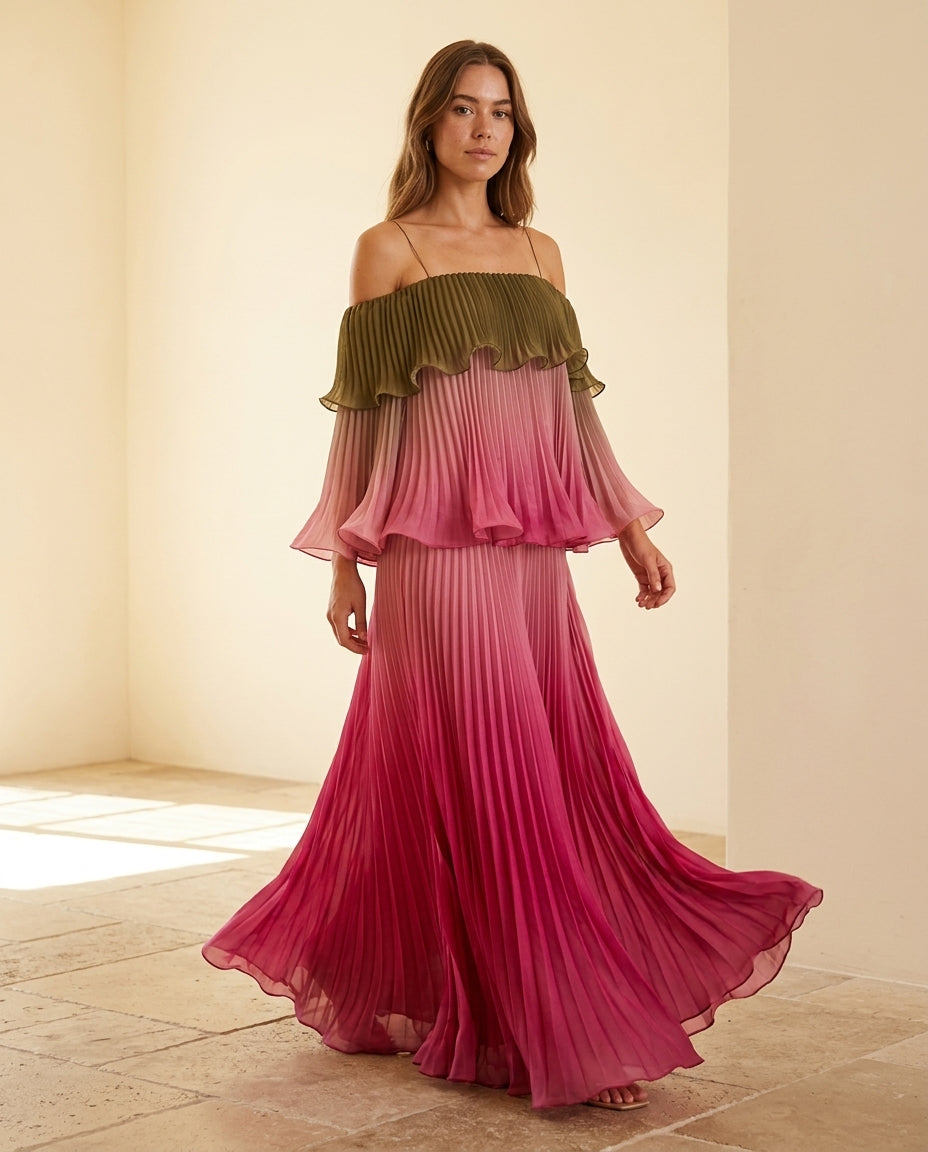 Pink Solace Summer Pleated Maxi Dress Pink Maxi Dress with Relaxed Fit silhouette and Textured texture, front view product image for Garden Party, a polished coastal brunch, US East / Hamptons Elite by Massicos