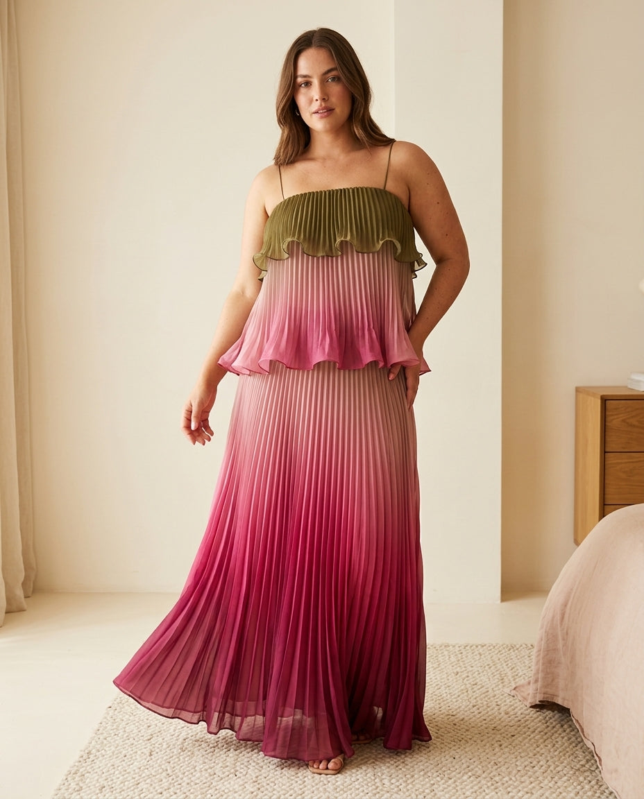 Pink Lustre Resort Pleated Maxi Dress Pink Maxi Dress with Asymmetric silhouette and Textured texture, front view product image for Resort Wear, a gallery opening in Paris, Euro Chic Premium by Massicos