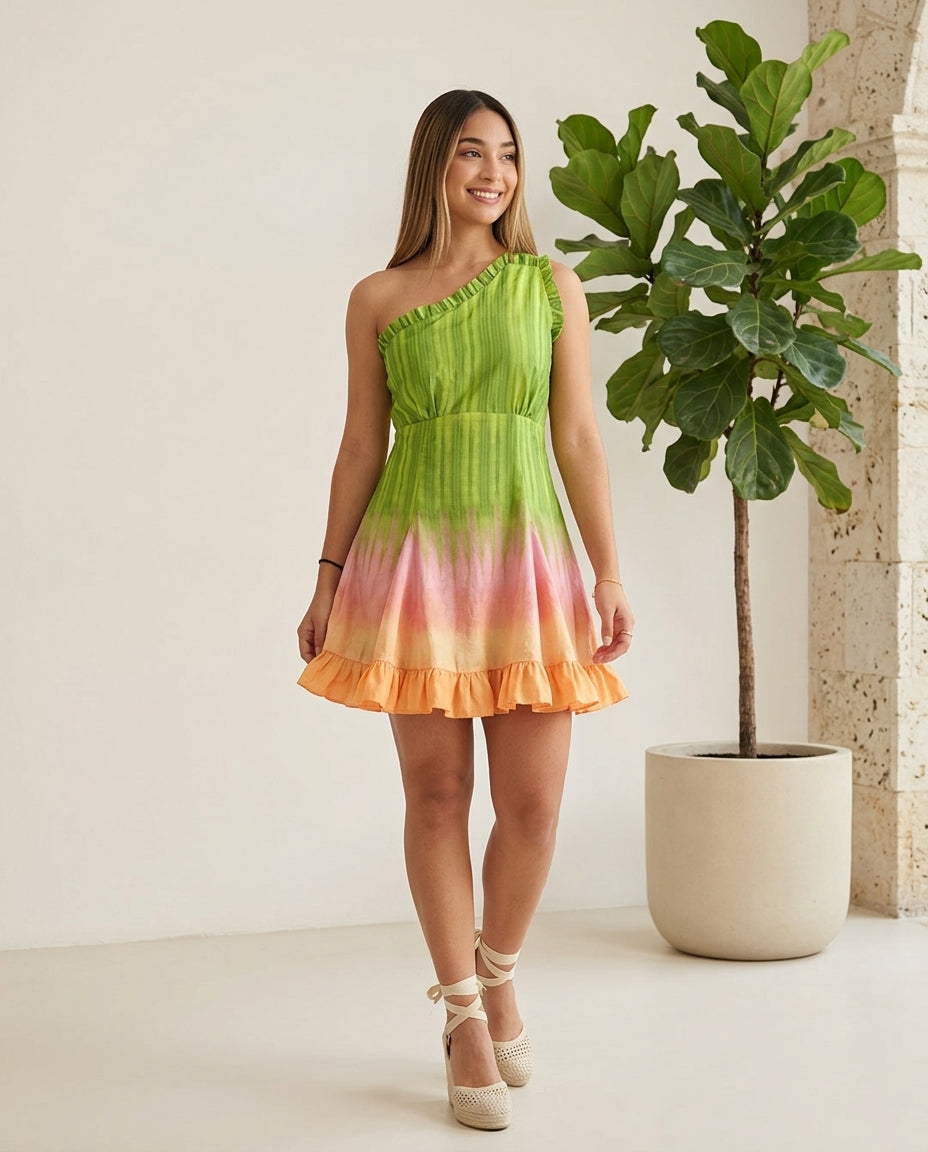 Sage Lustre Resort Ruffled Romper Sage Romper with Relaxed Fit silhouette and Textured texture, front view product image for Resort Wear, Weekend in The Hamptons, US East / Hamptons Elite by Massicos