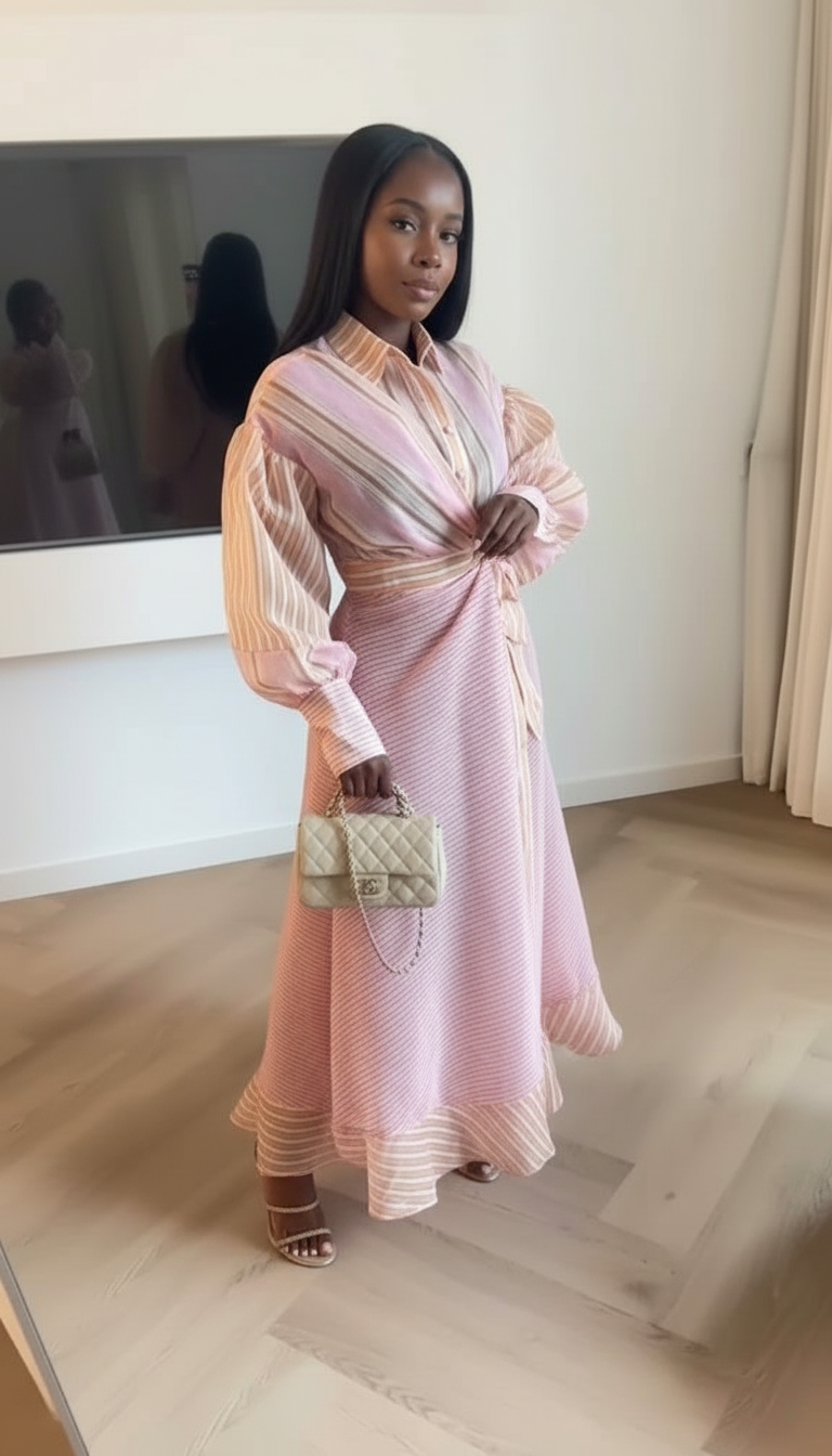 Pink Striped Tie Waist Button Front Midi Dress product image 1