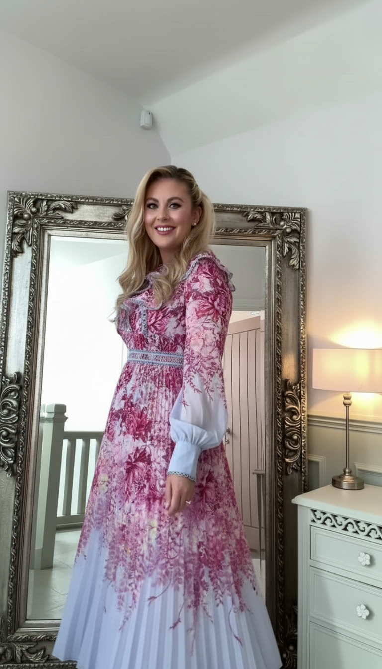 Pink Floral Ruffle Pleated Maxi Dress product image 1