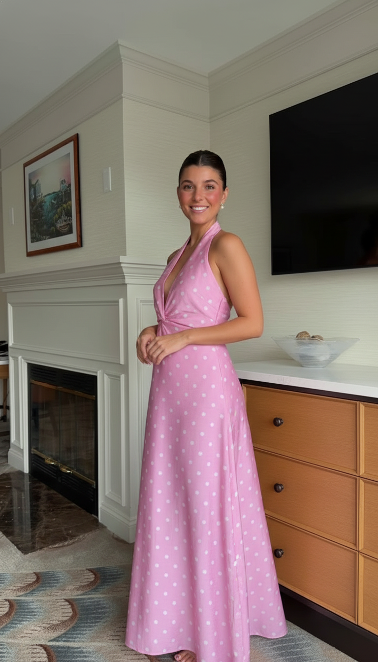 Pink Polka Dot Print Halter Twist Front Maxi Dress product image 1