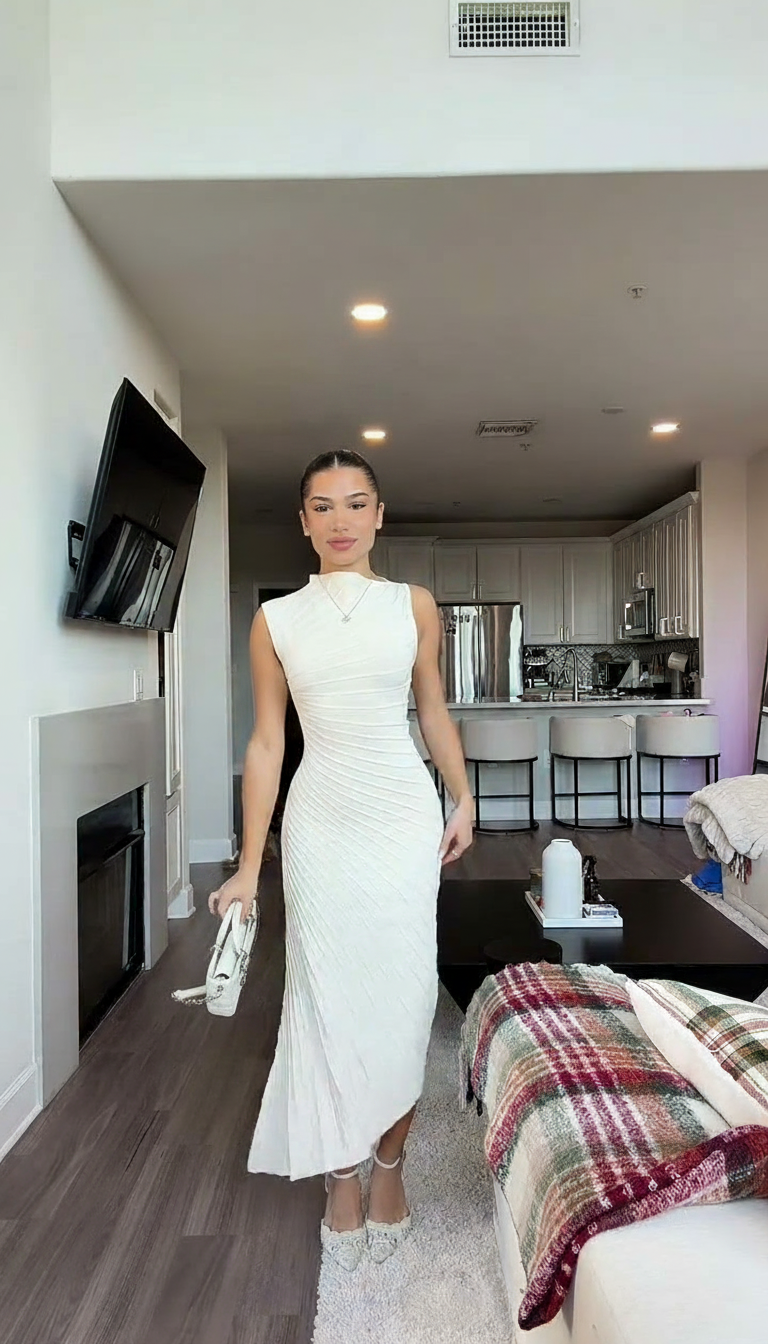 White Ribbed Texture Midi Dress product image 1