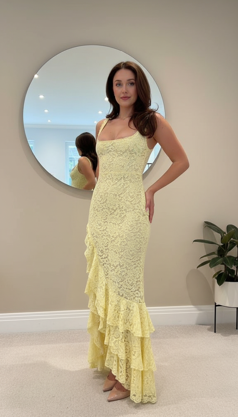 Yellow Ruffle Lace High Slit Maxi Dress product image 1