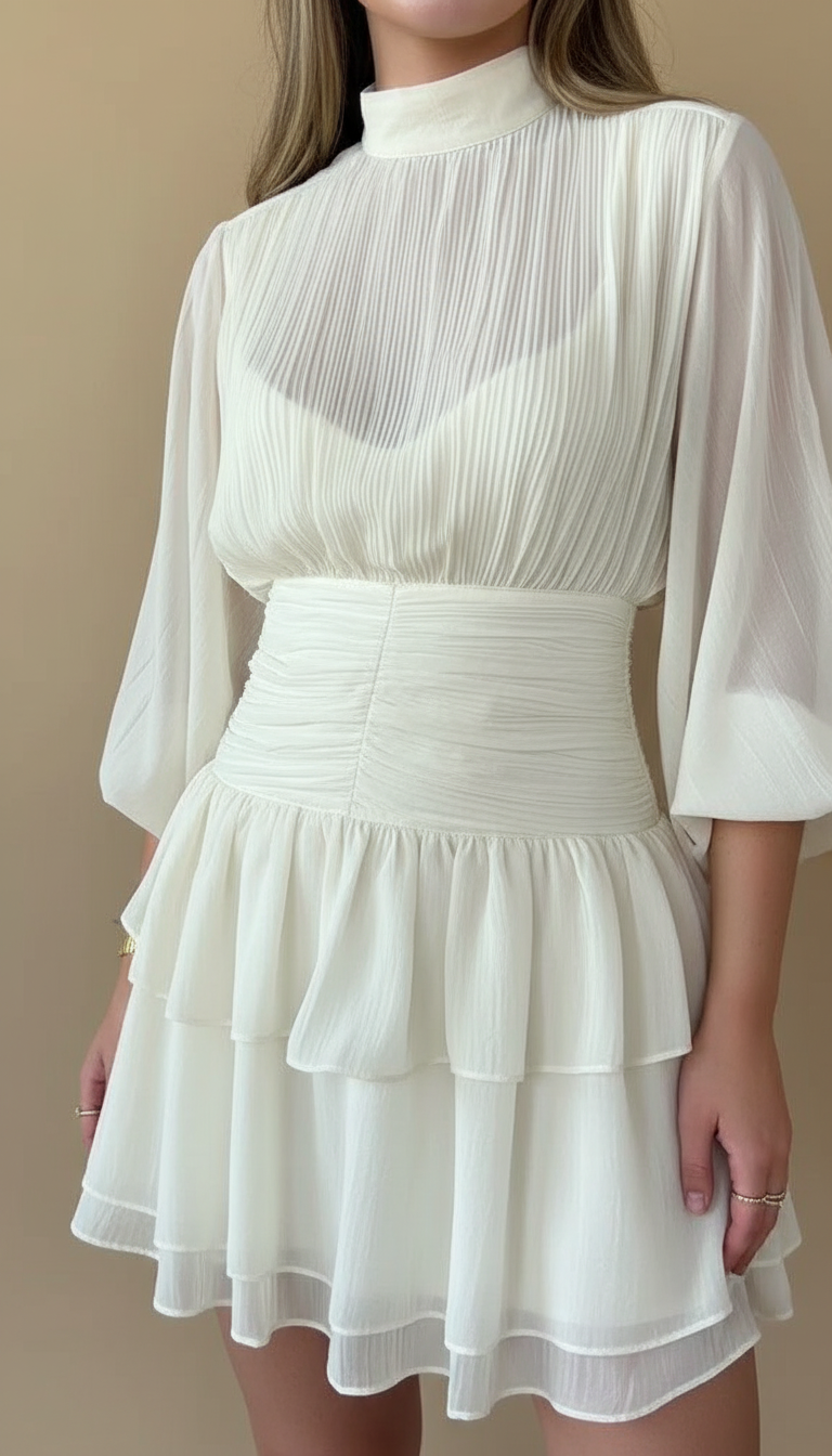 White Ruffle Pleated Ruffled Hem Mini Dress product image 1