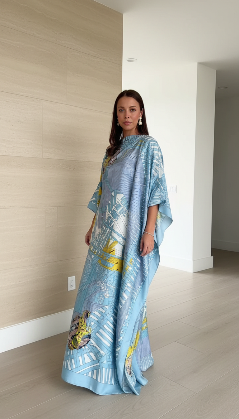Blue Abstract Print Silk Asymmetric Neckline Kaftan Dress product image 1
