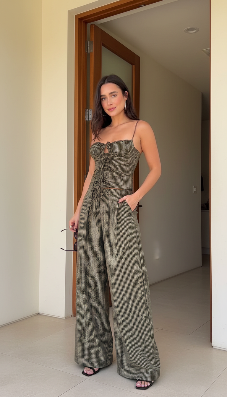 Black Gingham Print Wide-Leg Tie Front Pant Set product image 1