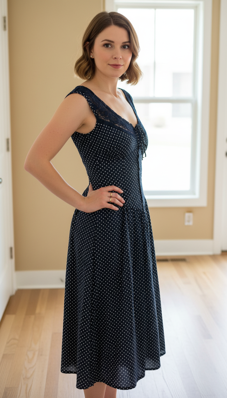 Navy Polka Dot Print V-Neck Lace Midi Dress product image 1