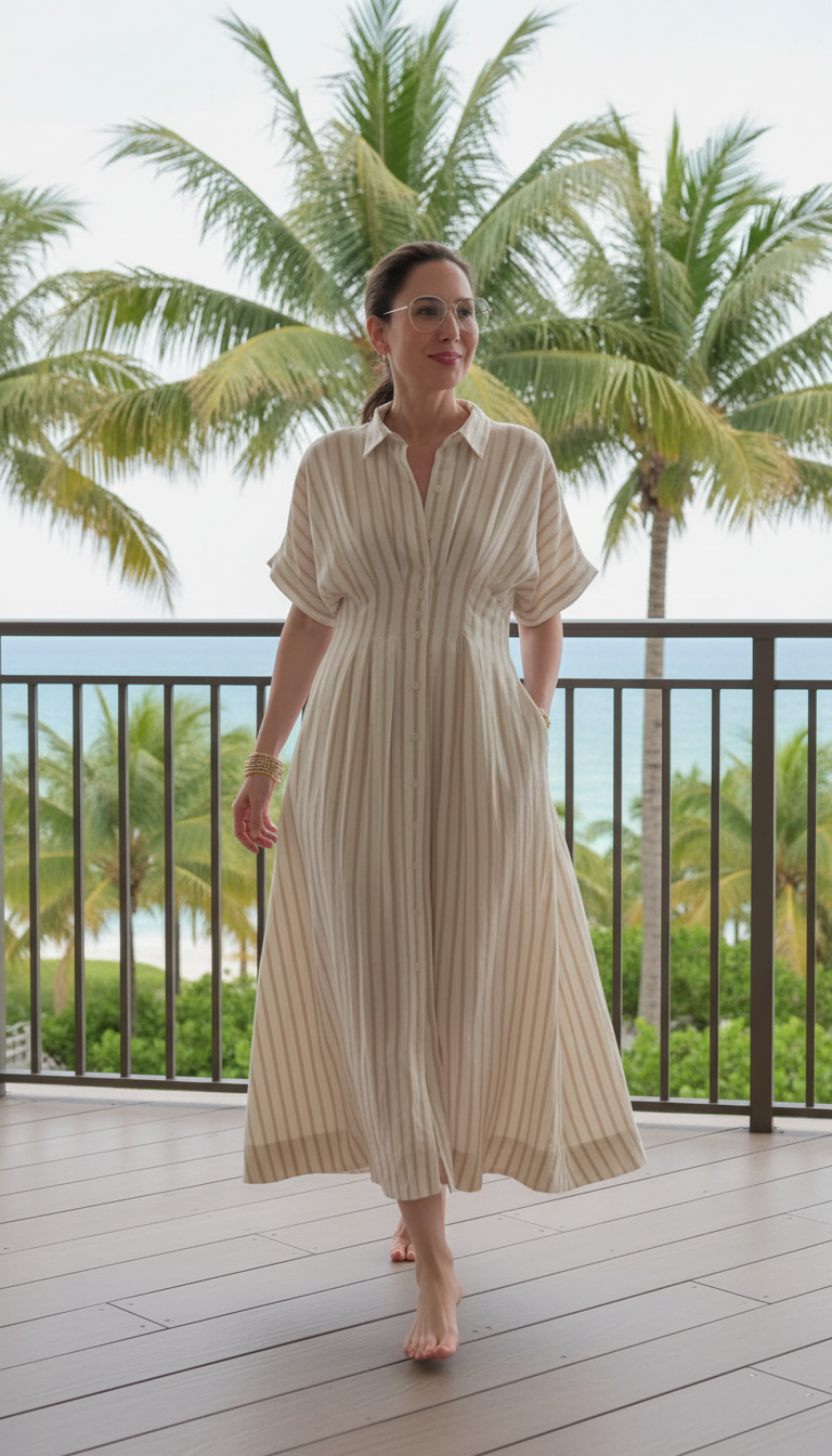 Beige Striped Button Front Pockets Midi Dress product image 1