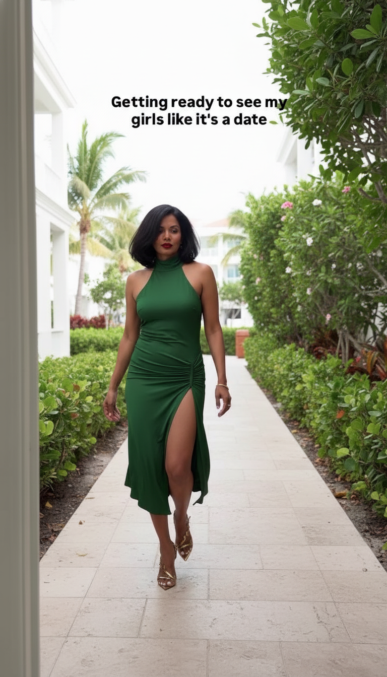 Green Halter Silk Side Slit Midi Dress product image 1
