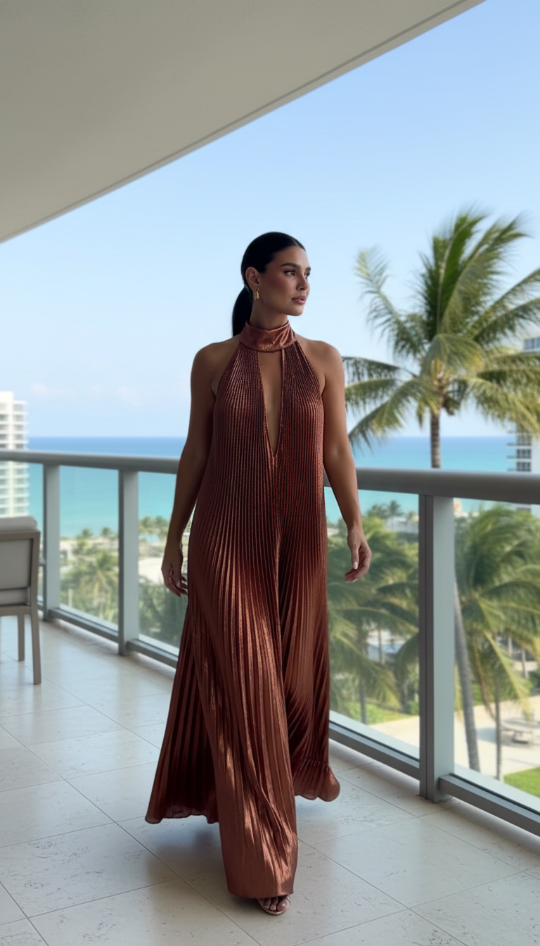 Copper Halter Pleated Satin Maxi Dress product image 1