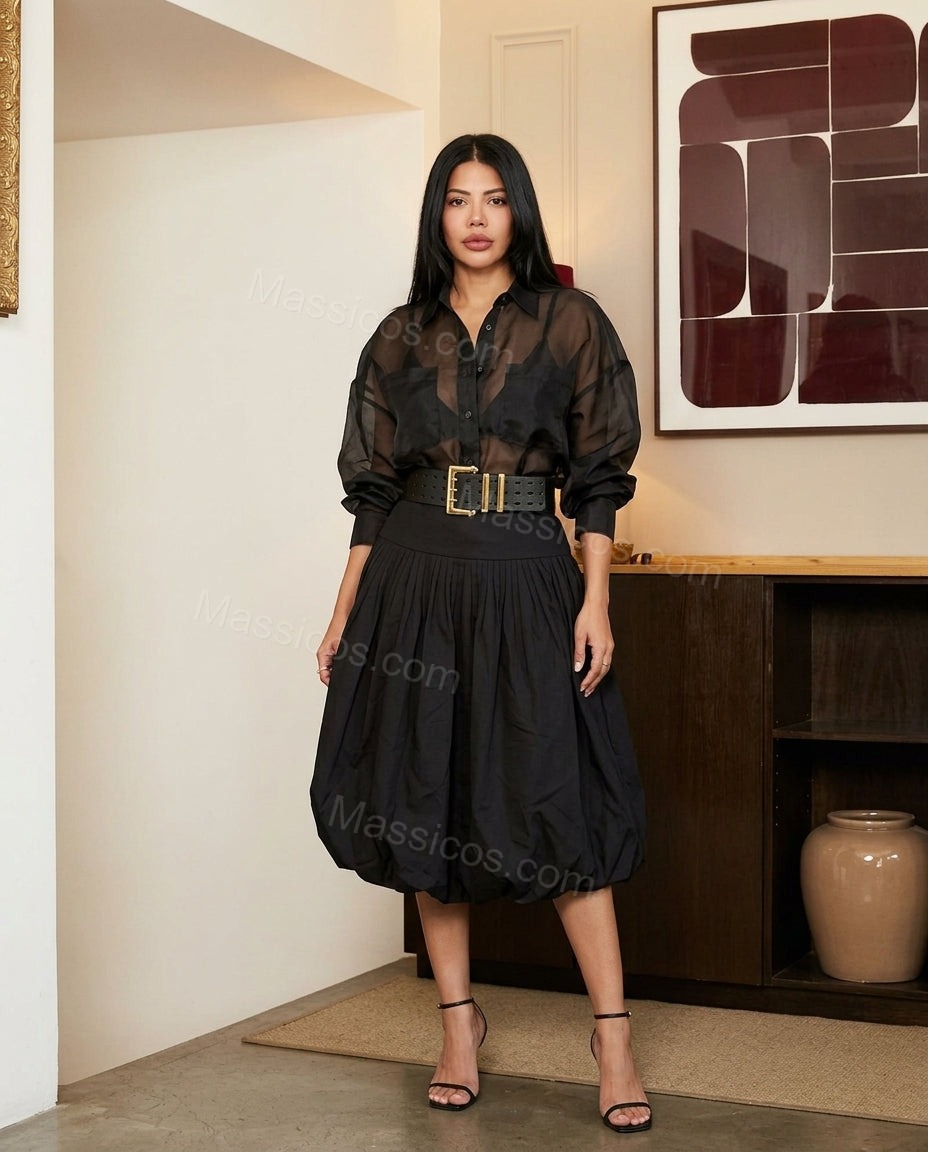 Black Muse Wedding Guest Pleated Skirt Set Black Skirt Set with Relaxed Fit silhouette and Textured texture, front view product image for Wedding Guest, a gallery evening, Fall current summer selling first with a light late-summer/pre-fall accent: make it by Massicos