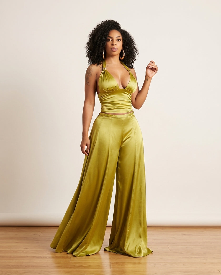 Olive Green Whisper Wedding Guest Satin Jumpsuit Olive Green Jumpsuit with Wide-Leg silhouette and Satin texture, clean studio product view for Wedding Guest, a gallery evening, Fall current summer selling first with a light late-summer/pre-fall accent: m by Massicos