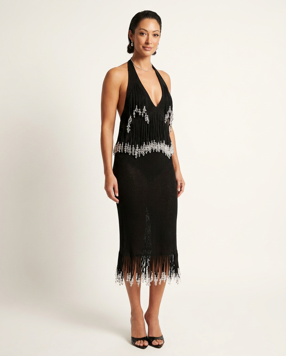 Black Charm Wedding Guest Sheer Jumpsuit Black Jumpsuit with Cropped silhouette and Ribbed Knit texture, clean studio product view for Wedding Guest, a gallery evening, Fall current summer selling first with a light late-summer/pre-fall accent: make it we by Massicos