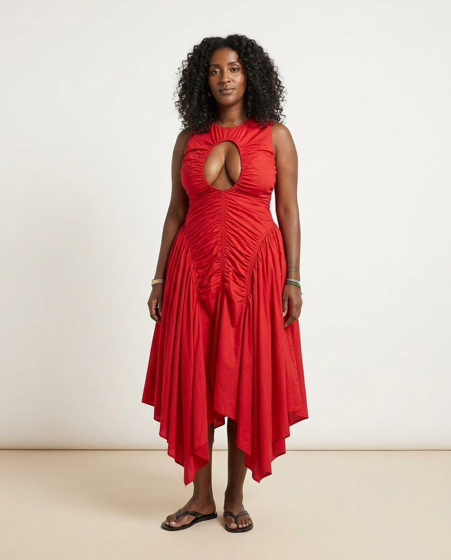 Red Aura Wedding Guest Ruched Maxi Dress Red Maxi Dress with Asymmetric silhouette and Textured texture, clean studio product view for Wedding Guest, a gallery evening, Fall current summer selling first with a light late-summer/pre-fall accent: make it we by Massicos