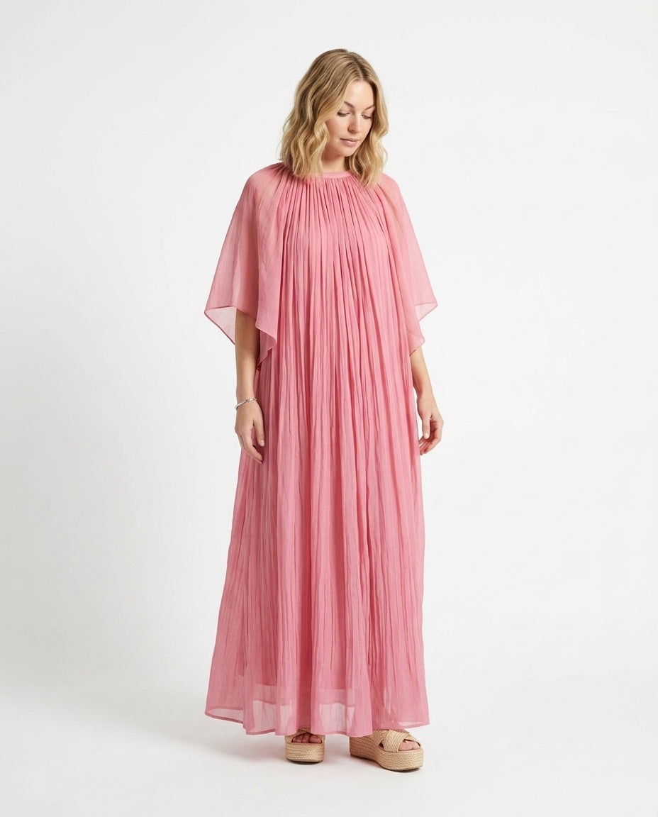 Pink Bloom Summer Pleated Maxi Dress Pink Maxi Dress with Asymmetric silhouette and Textured texture, clean studio product view for Wedding Guest, a private garden lunch, US East / Hamptons Elite by Massicos