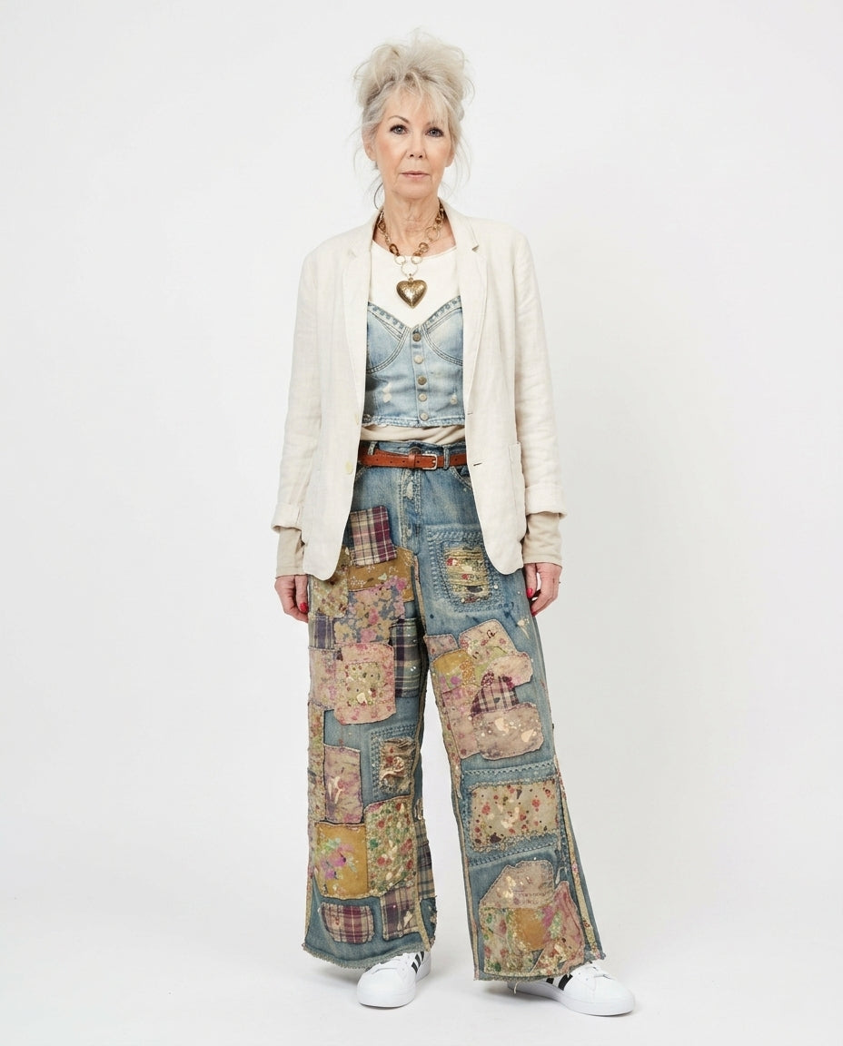 Denim Poise Summer Floral Pants Denim Pants with Wide-Leg silhouette and Textured texture, clean studio product view for Business Casual, a Palm Springs weekend, US Coastal Glam by Massicos