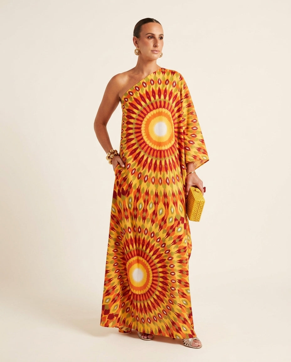 Butter Yellow Reverie Resort Printed Maxi Dress Butter Yellow Maxi Dress with Asymmetric silhouette and Textured texture, clean studio product view for Resort Wear, a rooftop dinner in LA, US Coastal Glam by Massicos