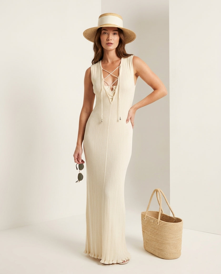 Ivory Solace Resort Lace Maxi Dress Ivory Maxi Dress with Relaxed Fit silhouette and Textured texture, clean studio product view for Resort Wear, a London dinner reservation, Euro Chic Premium by Massicos