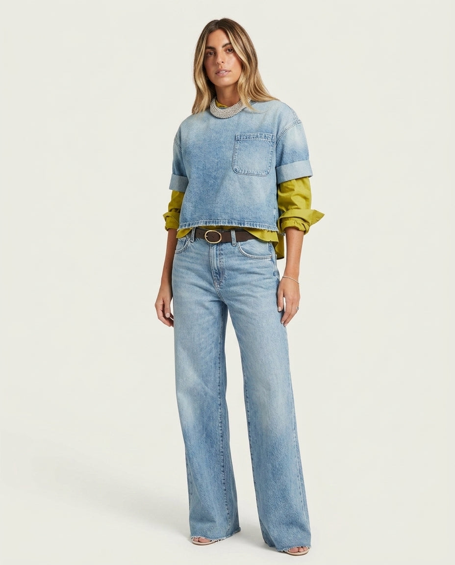 Light Blue Velvet Summer Denim Two-Piece Set Light Blue Two-Piece Set with Cropped silhouette and Textured texture, clean studio product view for Vacation Set, a private garden lunch, US East / Hamptons Elite by Massicos