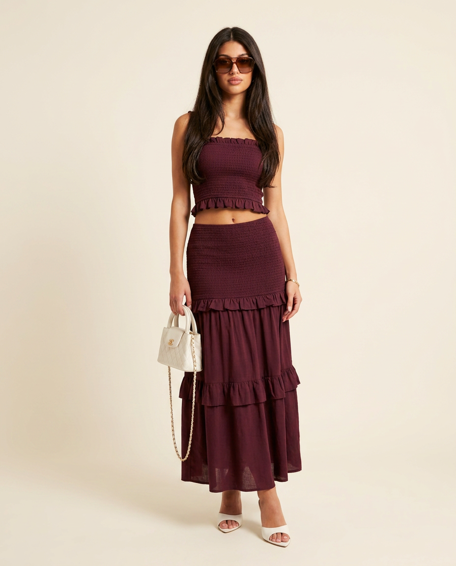 Burgundy Bloom Resort Printed Skirt Set Burgundy Skirt Set with Cropped silhouette and Linen Blend texture, clean studio product view for Resort Wear, a gallery opening in Paris, Euro Chic Premium by Massicos