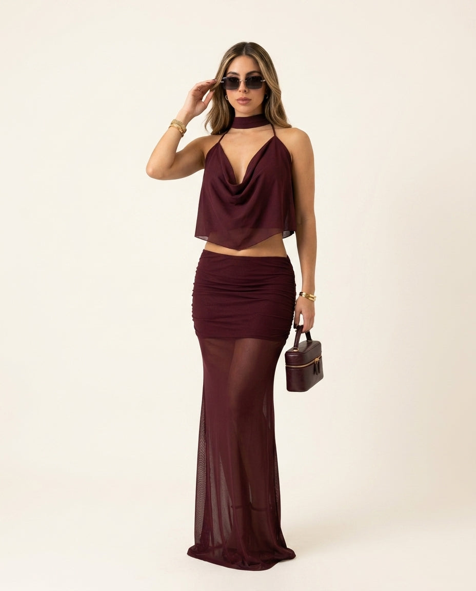 Burgundy Muse Evening Ruched Skirt Set Burgundy Skirt Set with Asymmetric silhouette and Textured texture, clean studio product view for Date Night, an estate dinner at golden hour, US East / Hamptons Elite by Massicos