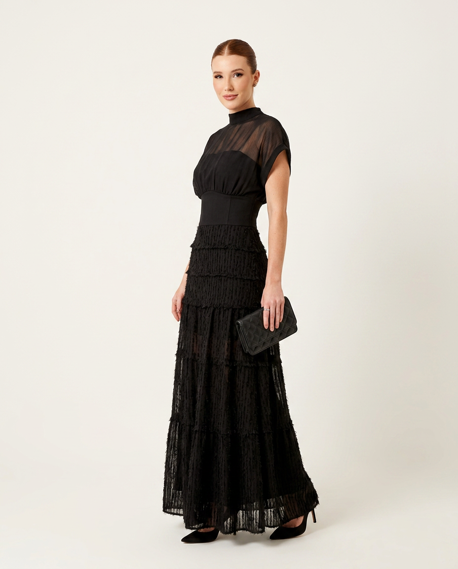 Black Charm Evening Lace Maxi Dress Black Maxi Dress with Asymmetric silhouette and Textured texture, clean studio product view for Date Night, a Palm Springs weekend, US Coastal Glam by Massicos
