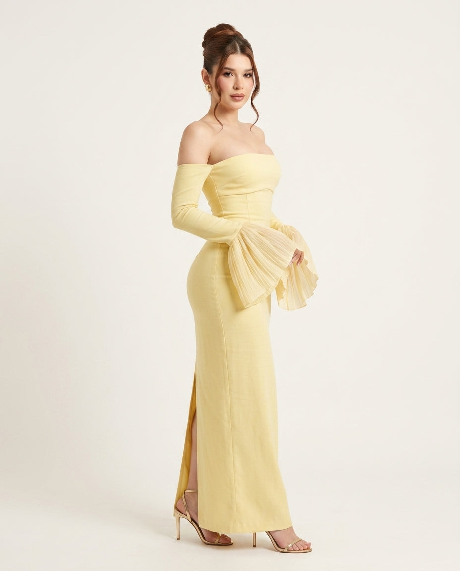 Butter Yellow Charm Summer Pleated Maxi Dress Butter Yellow Maxi Dress with Relaxed Fit silhouette and Textured texture, clean studio product view for Rooftop Brunch, a rooftop dinner in LA, US Coastal Glam by Massicos